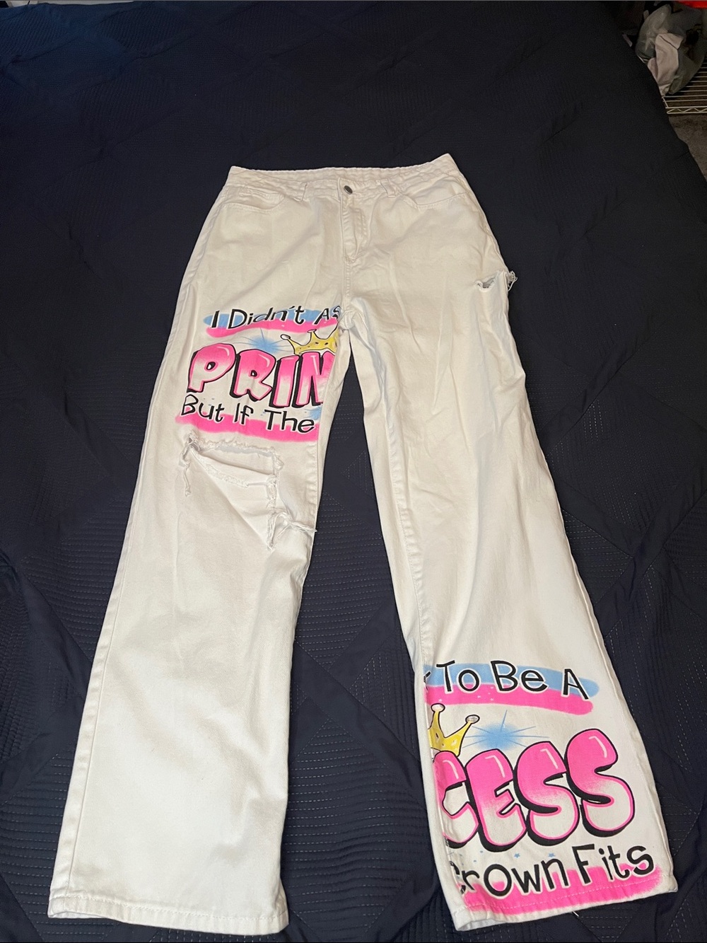 & Other Stories White Wide-Leg Jeans with Pink Graphic Print
